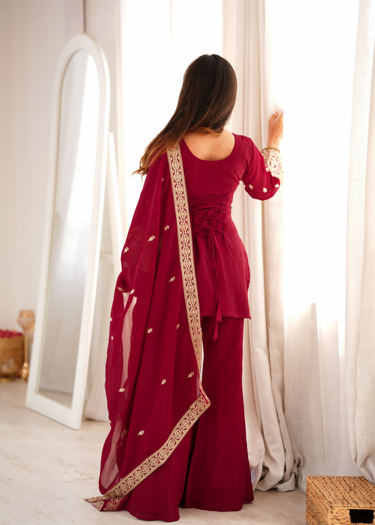 Maroon Sequins Suit Back View Showing Open with Dori Tie-Up – KU239