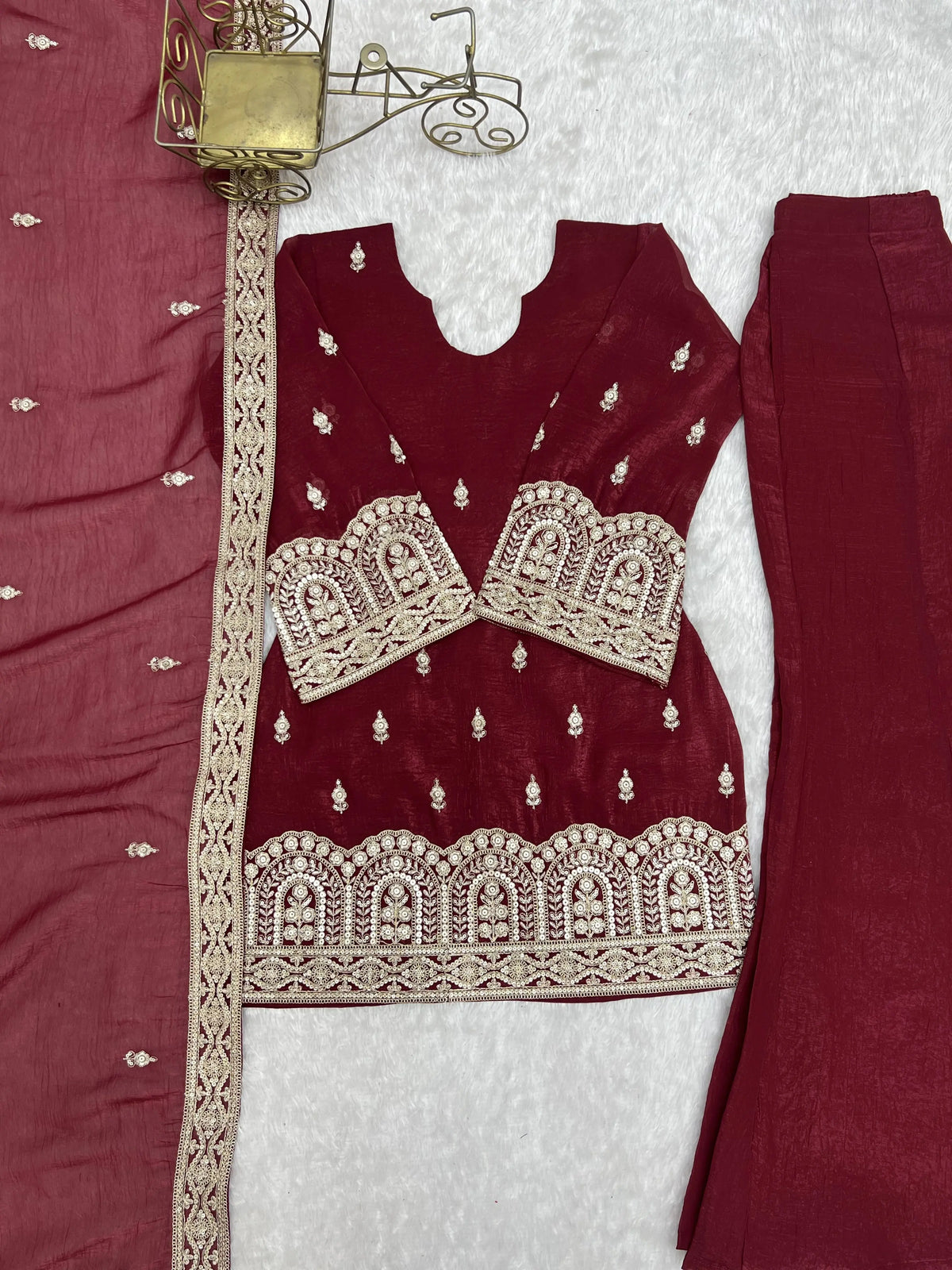 Maroon Suit Flat Lay Showing Scalloped Hem Embroidery Detail – KU239