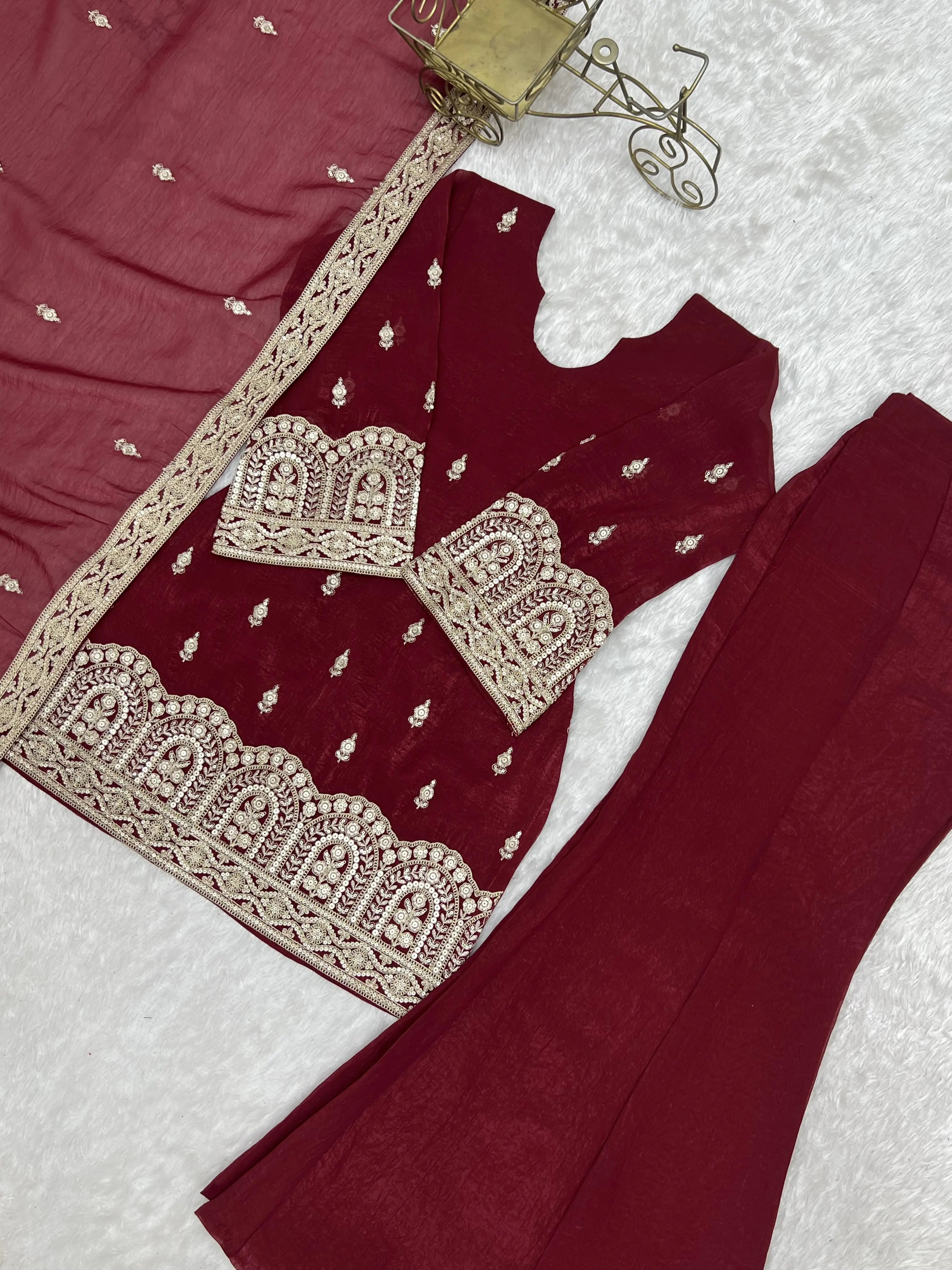 Maroon Sequins Embroidered Suit Set Flat Lay with Embroidery Detail – KU239