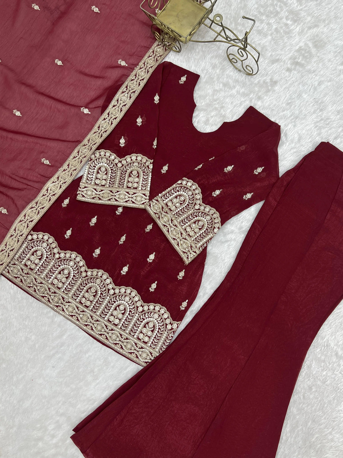 Maroon Sequins Embroidered Suit Set Flat Lay with Embroidery Detail – KU239