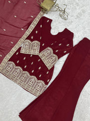 Maroon Sequins Embroidered Suit Set Flat Lay with Embroidery Detail – KU239