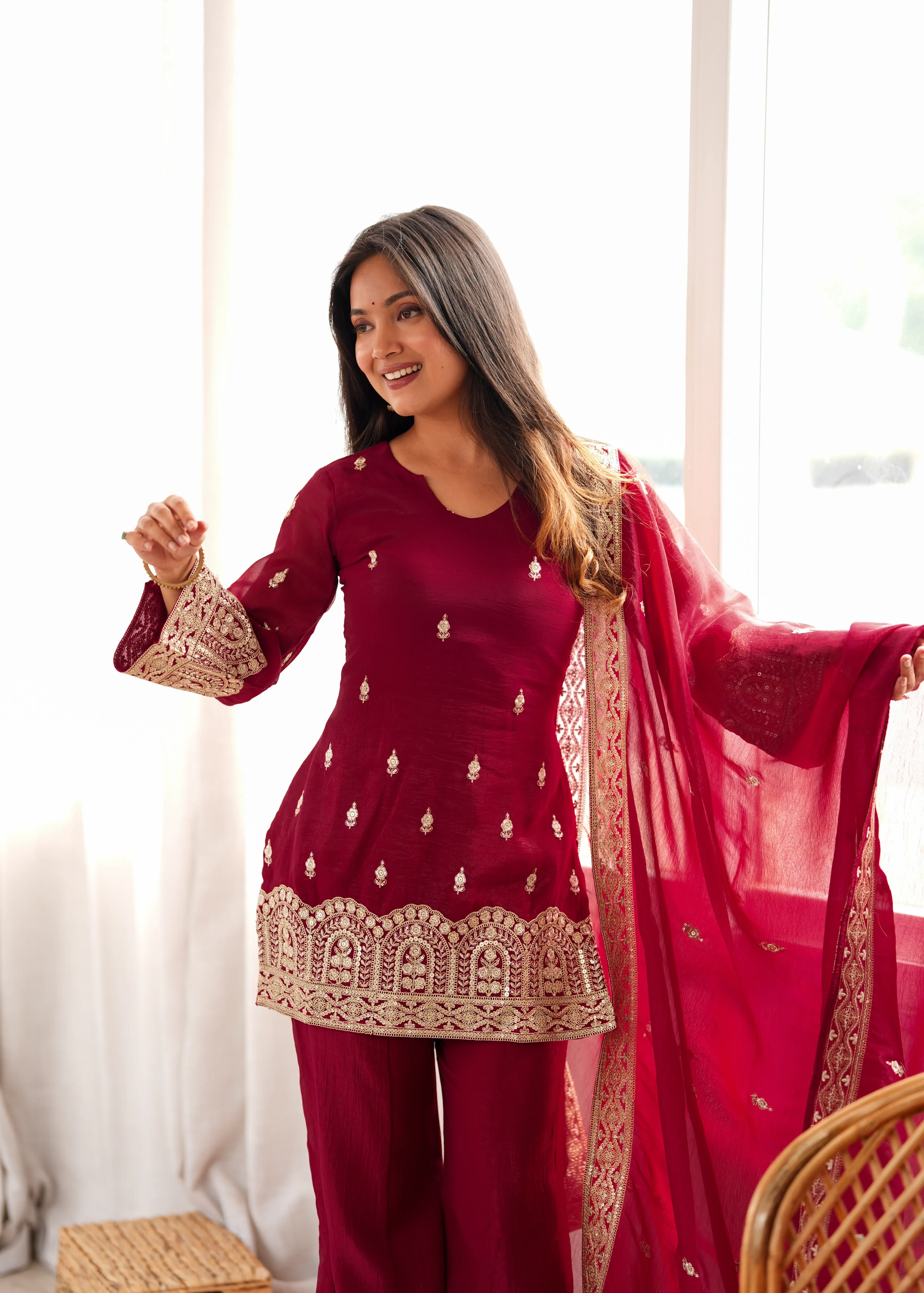 Maroon Zari Work Suit with Bell Bottom Pant and Embroidered Dupatta – KU239