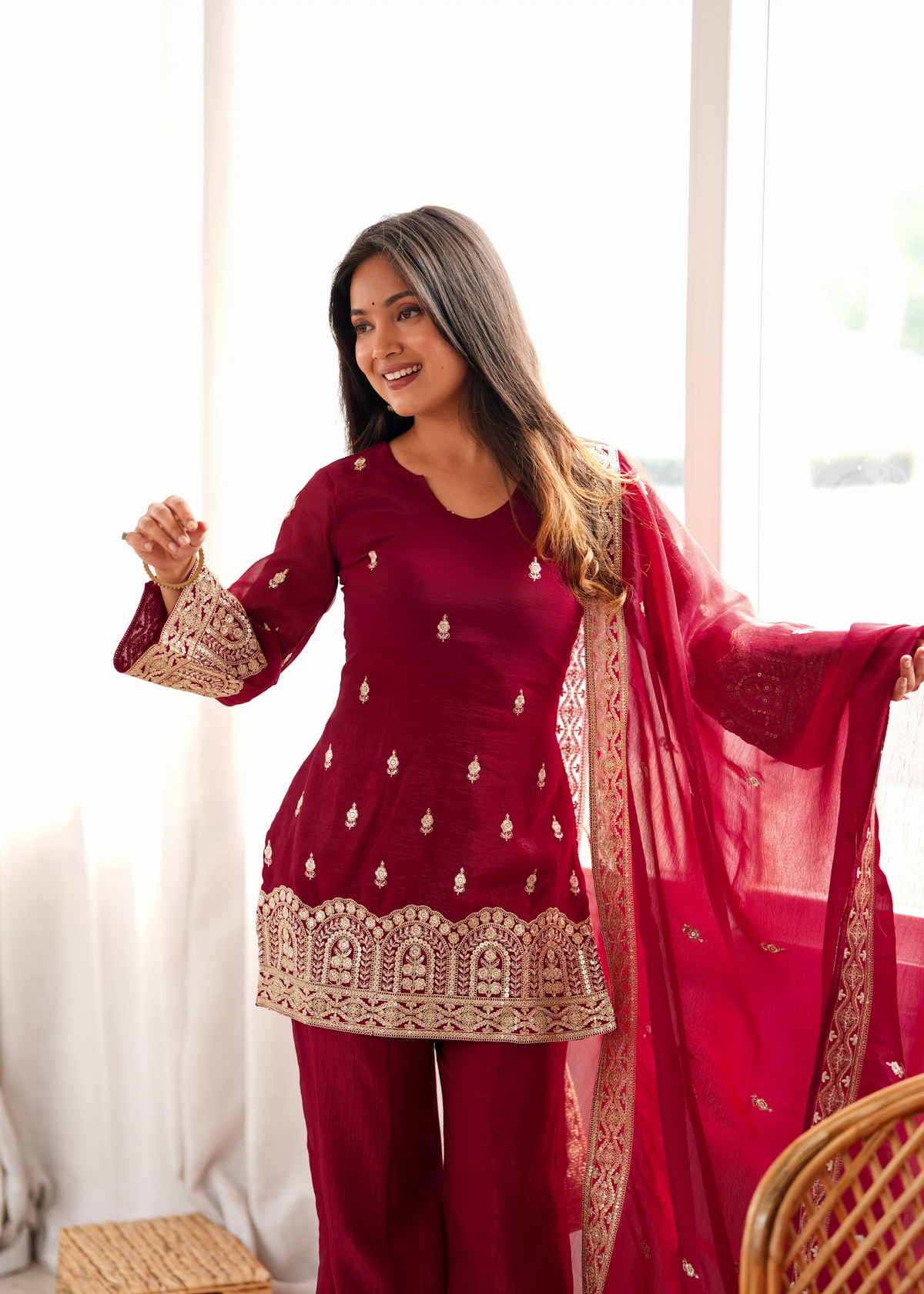 Maroon Zari Work Suit with Bell Bottom Pant and Embroidered Dupatta – KU239