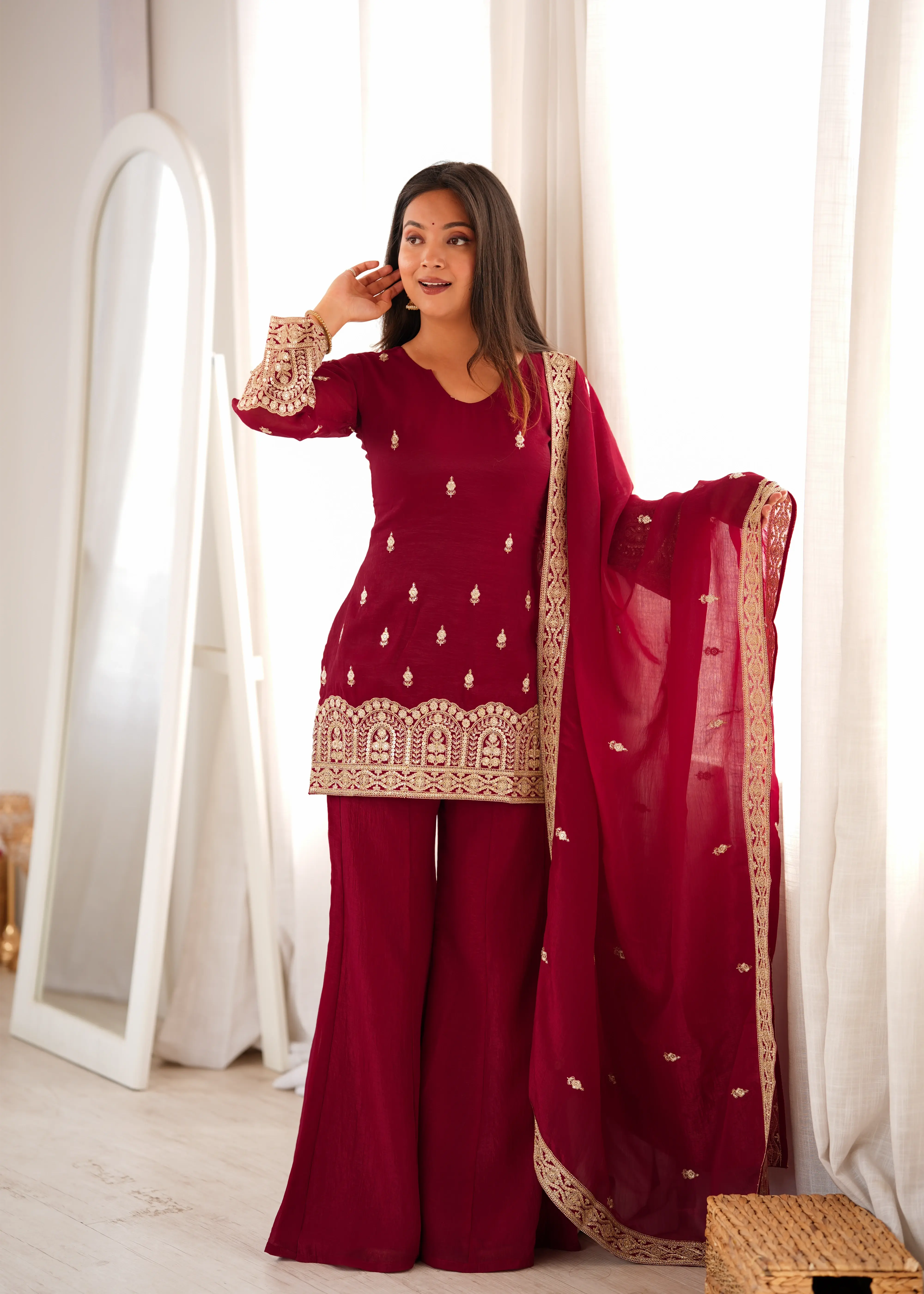 Maroon Full Sleeve Suit with Fancy Neck and Bell Bottom Pant – KU239