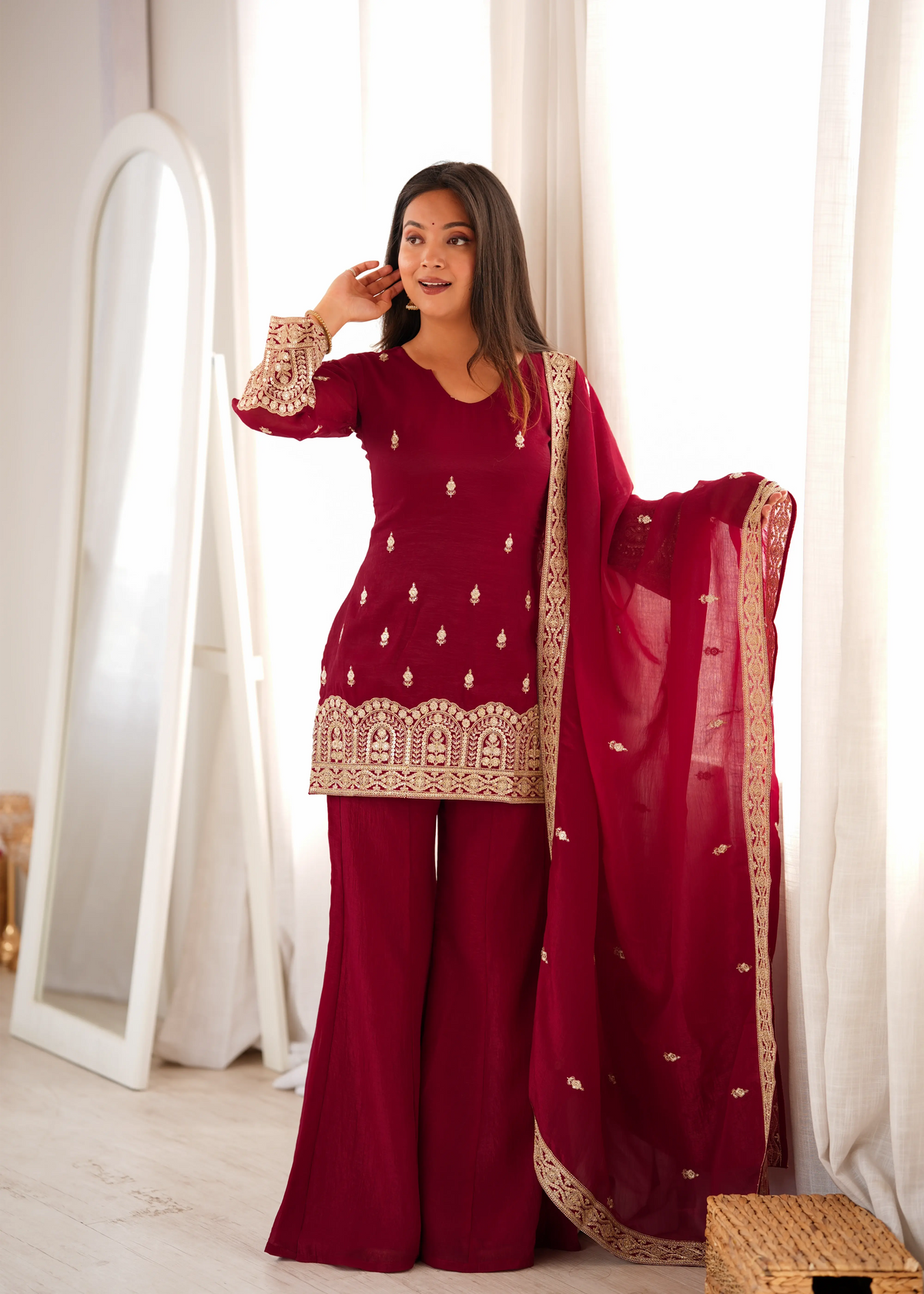 Maroon Full Sleeve Suit with Fancy Neck and Bell Bottom Pant – KU239
