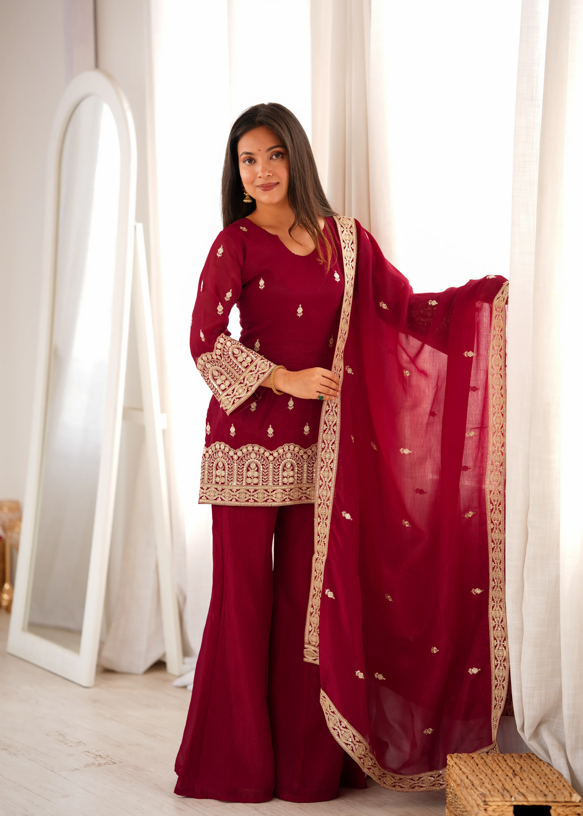 Maroon Sequins Embroidered Suit Set with Bell Bottom Pant and Dupatta – KU239