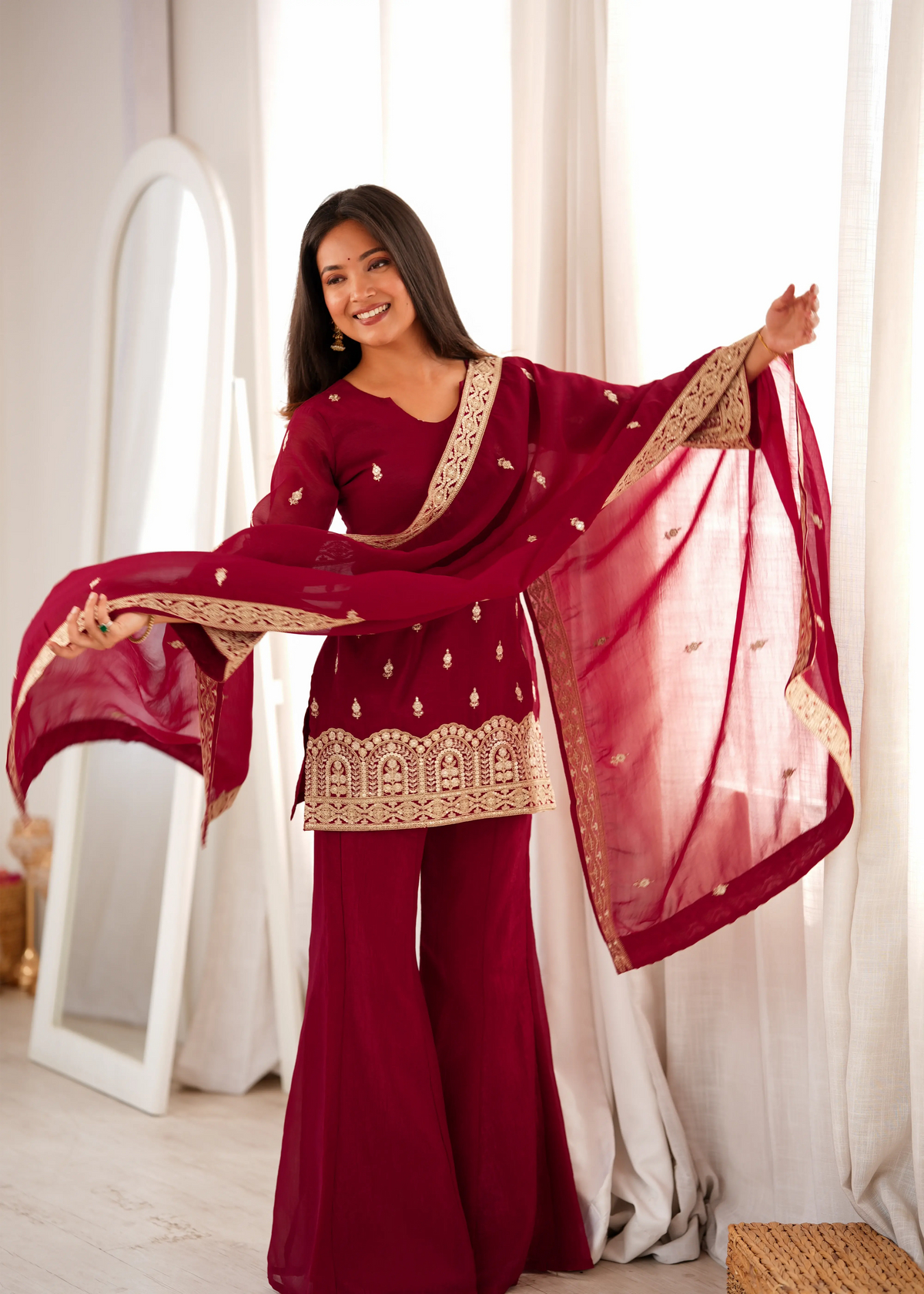 Maroon Suit with Scalloped Hem Embroidery and Bell Bottom Pant – KU239