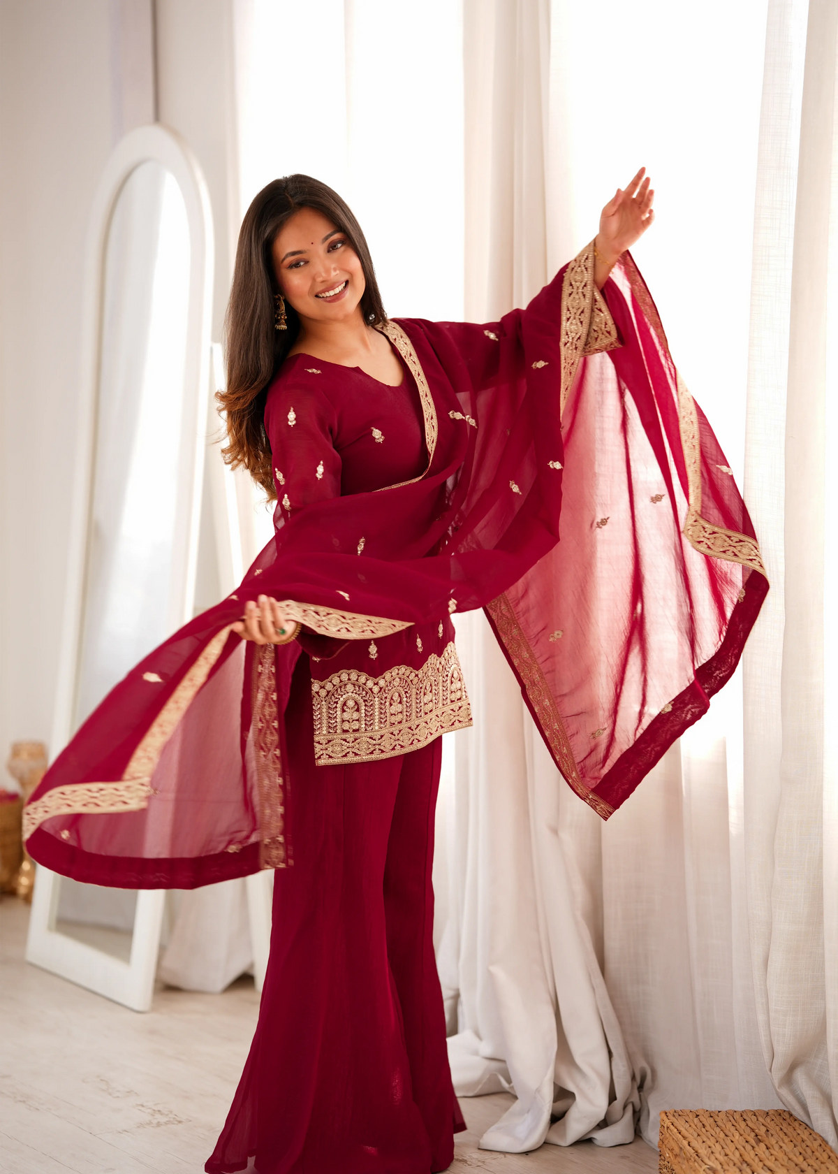 Maroon Sequins Embroidered Suit with Bell Bottom Pant and Dupatta – KU239