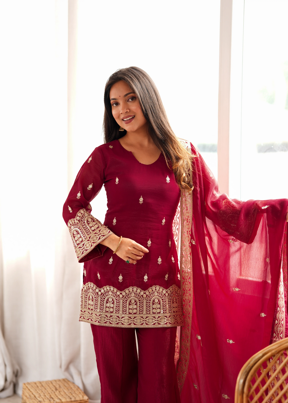 Maroon Sequins Suit Close-Up Embroidery and Sleeve Detail – KU239