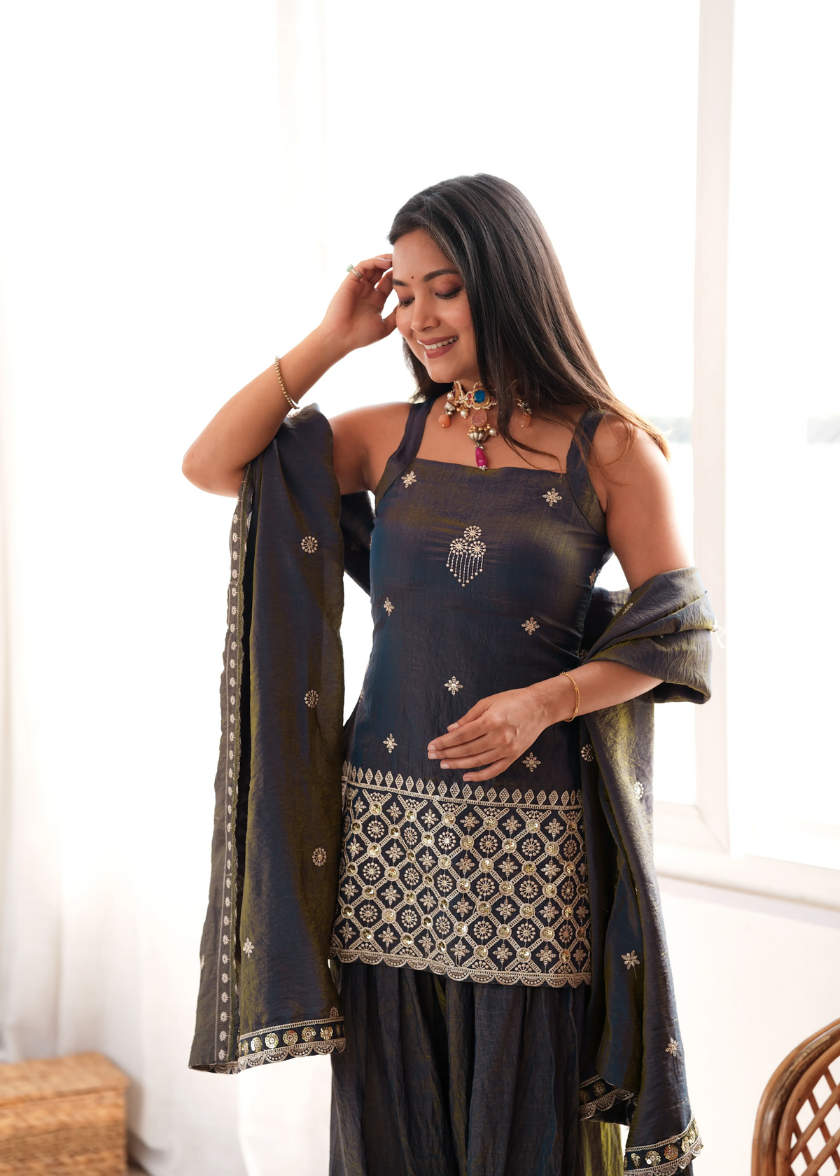 Black Sequins Embroidered Suit – Hem Panel Close-Up Zari Work | Kalyanja