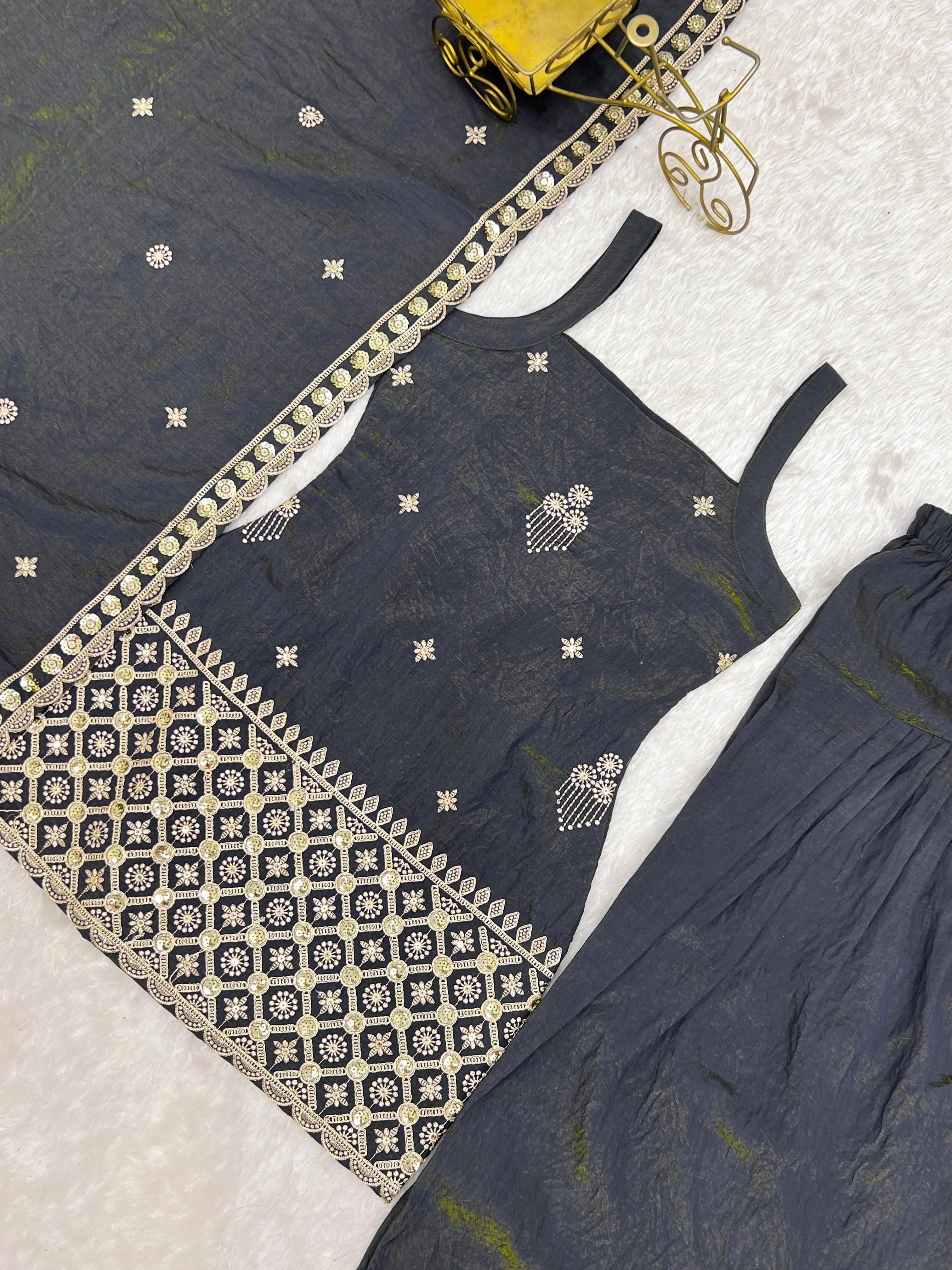 Black Sequins Embroidered Suit – Flat Lay Detail Zari Work | Kalyanja