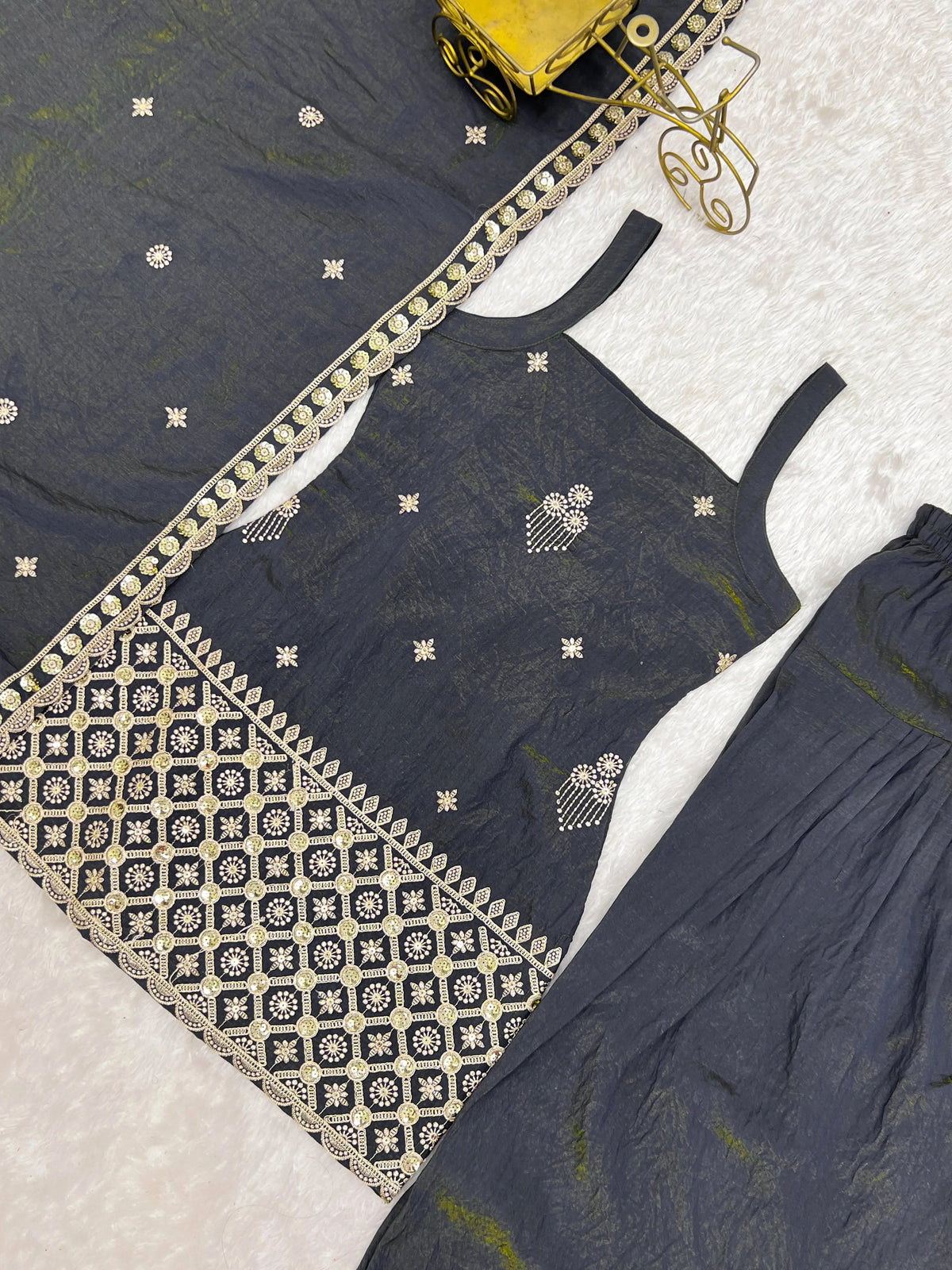 Black Sequins Embroidered Suit – Flat Lay Detail Zari Work | Kalyanja