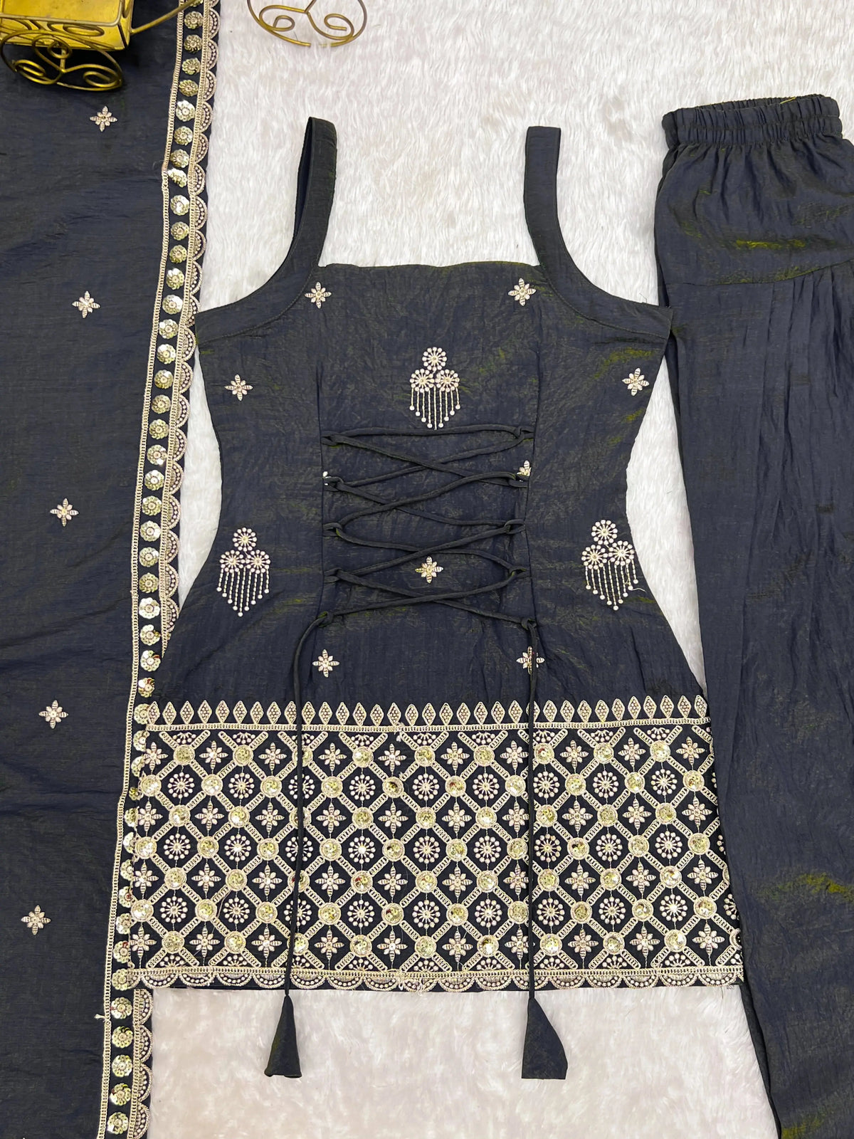 Black Sequins Embroidered Suit with Farshi Shalwar and Dupatta – Flat Lay Front | Kalyanja