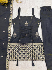 Black Sequins Embroidered Suit with Farshi Shalwar and Dupatta – Flat Lay Front | Kalyanja