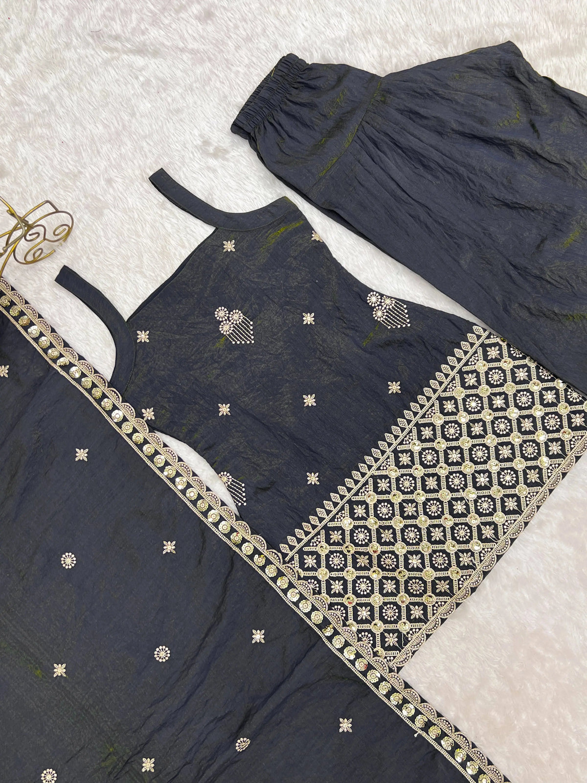 Black Sequins Embroidered Suit – Flat Lay Side View | KU240 | Kalyanja