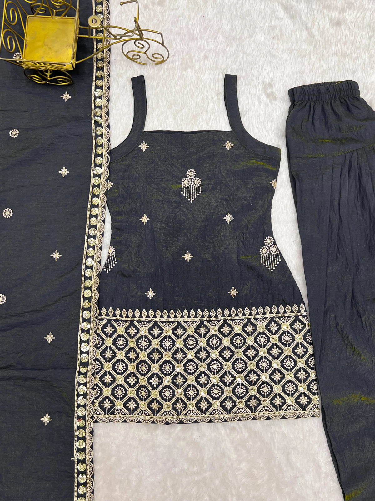 Black Sequins Embroidered Suit with Farshi Shalwar and Dupatta – Full Set Flat Lay | Kalyanja