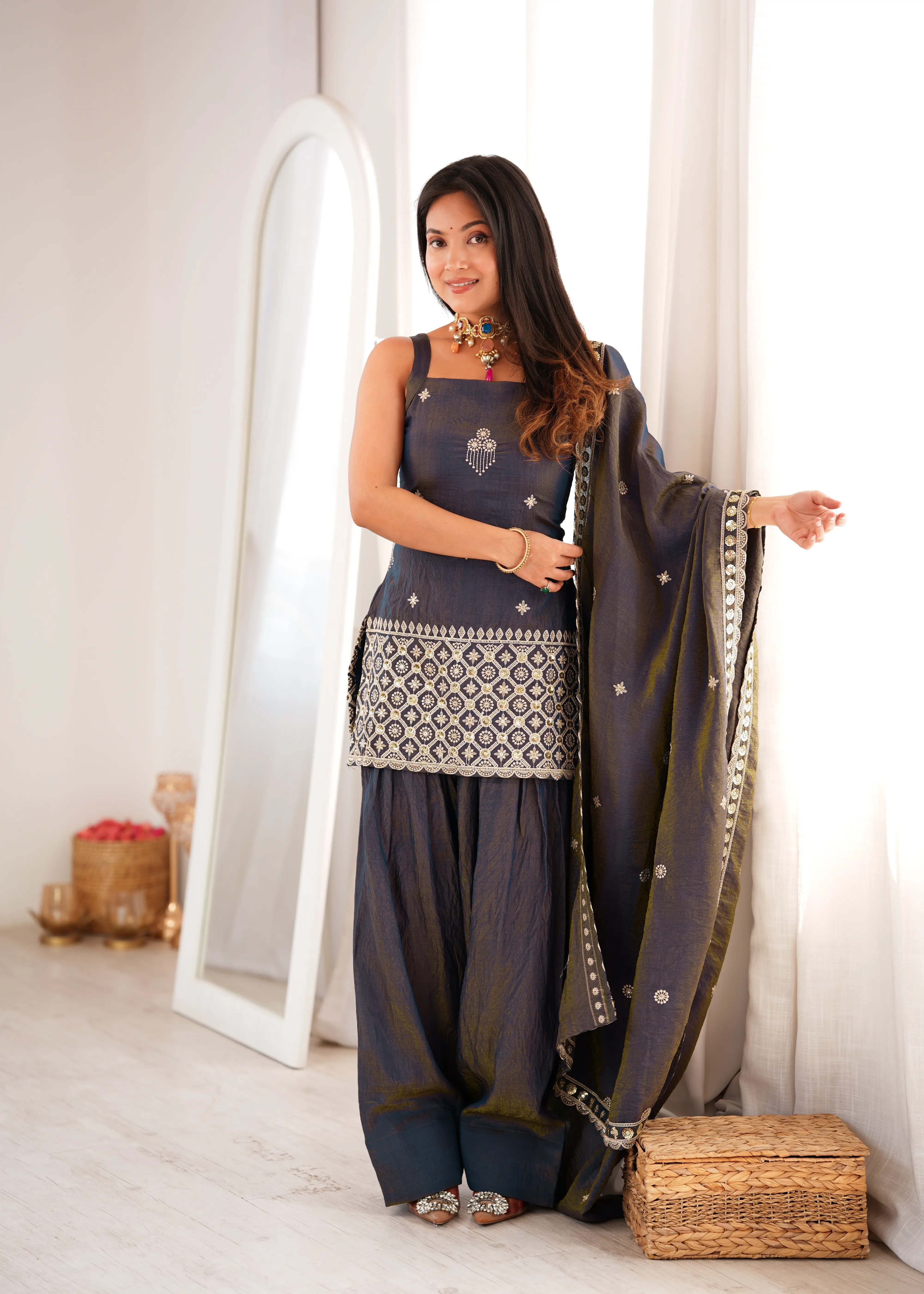 Black NC Vichitra Silk Suit with Zari Work – Front View | Kalyanja