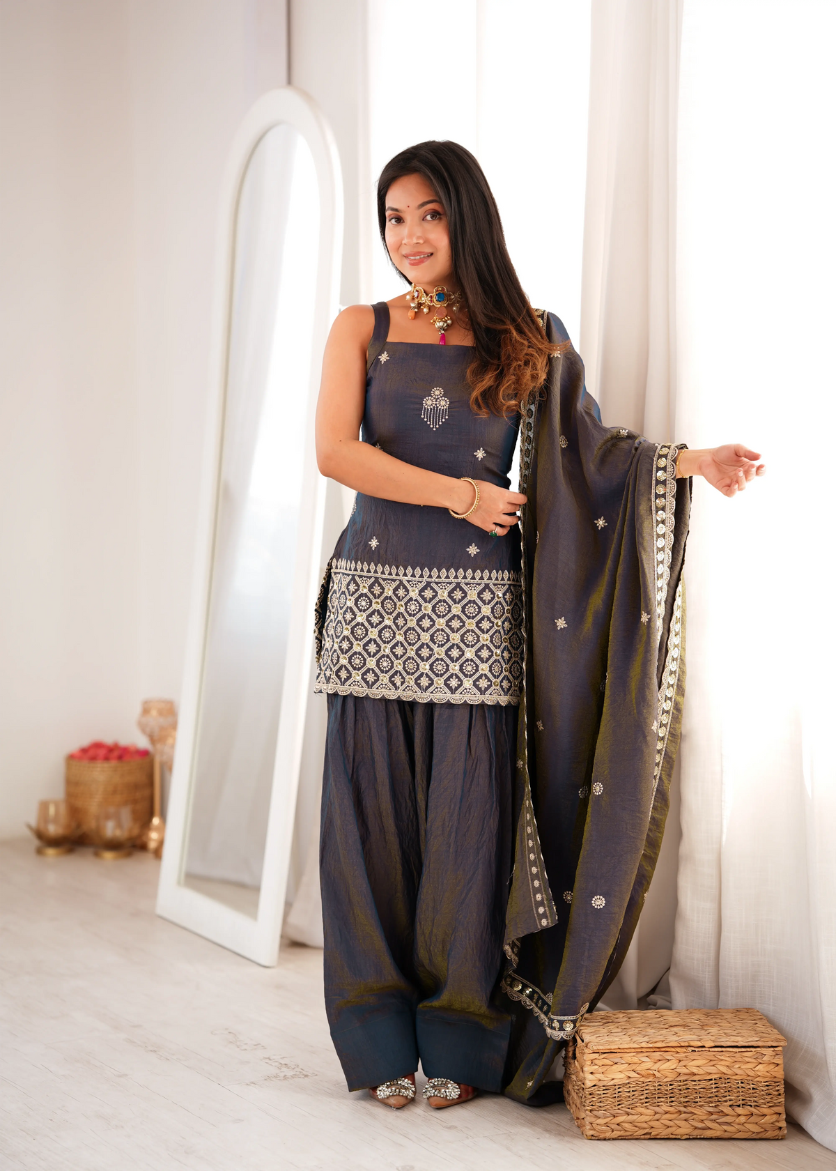 Black NC Vichitra Silk Suit with Zari Work – Front View | Kalyanja