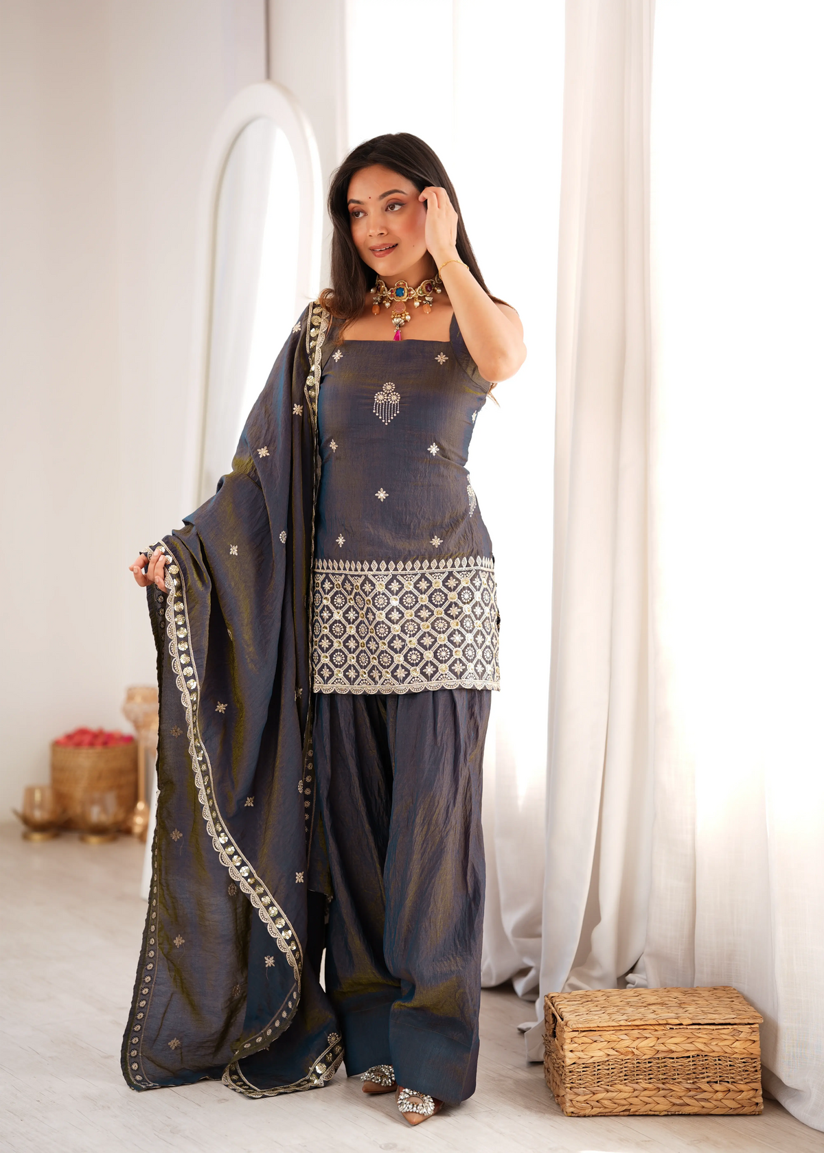 Black Vichitra Silk Sequins Suit with Farshi Shalwar – Front View | Kalyanja