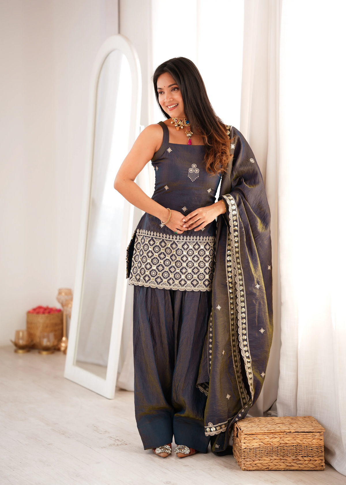 Black Sequins Embroidered Suit with Farshi Shalwar and Dupatta – KU240 | Kalyanja