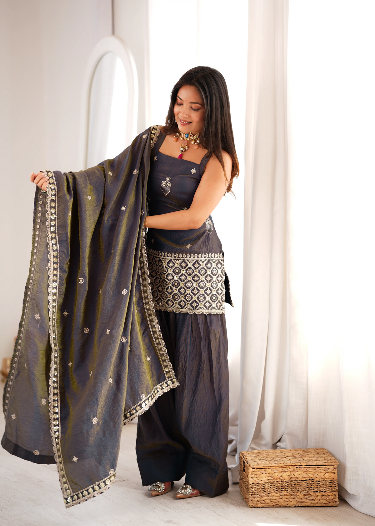 Black Sequins Embroidered Farshi Shalwar Suit with Dupatta – Side View | Kalyanja
