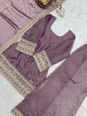 Lavender Pink Suit Palazzo and Zari Border Dupatta Flat Lay – KU241