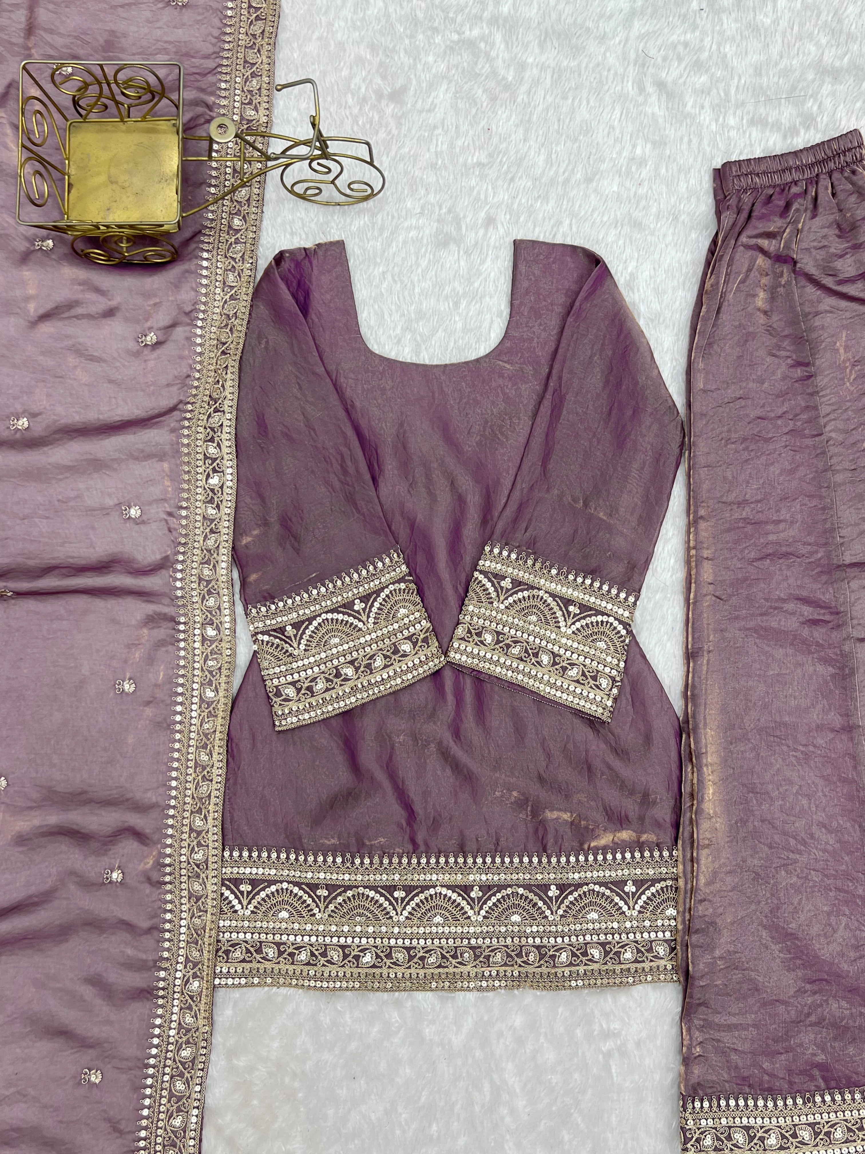 Lavender Pink Sequins Embroidered Suit Set Flat Lay – KU241