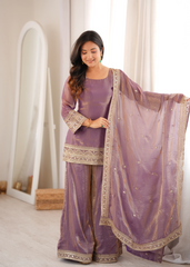 Lavender Pink Fendy Silk Blend Suit with Zari Work Dupatta – KU241