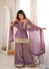 Lavender Pink Embroidered Suit Palazzo Set with Zari Border Dupatta – KU241