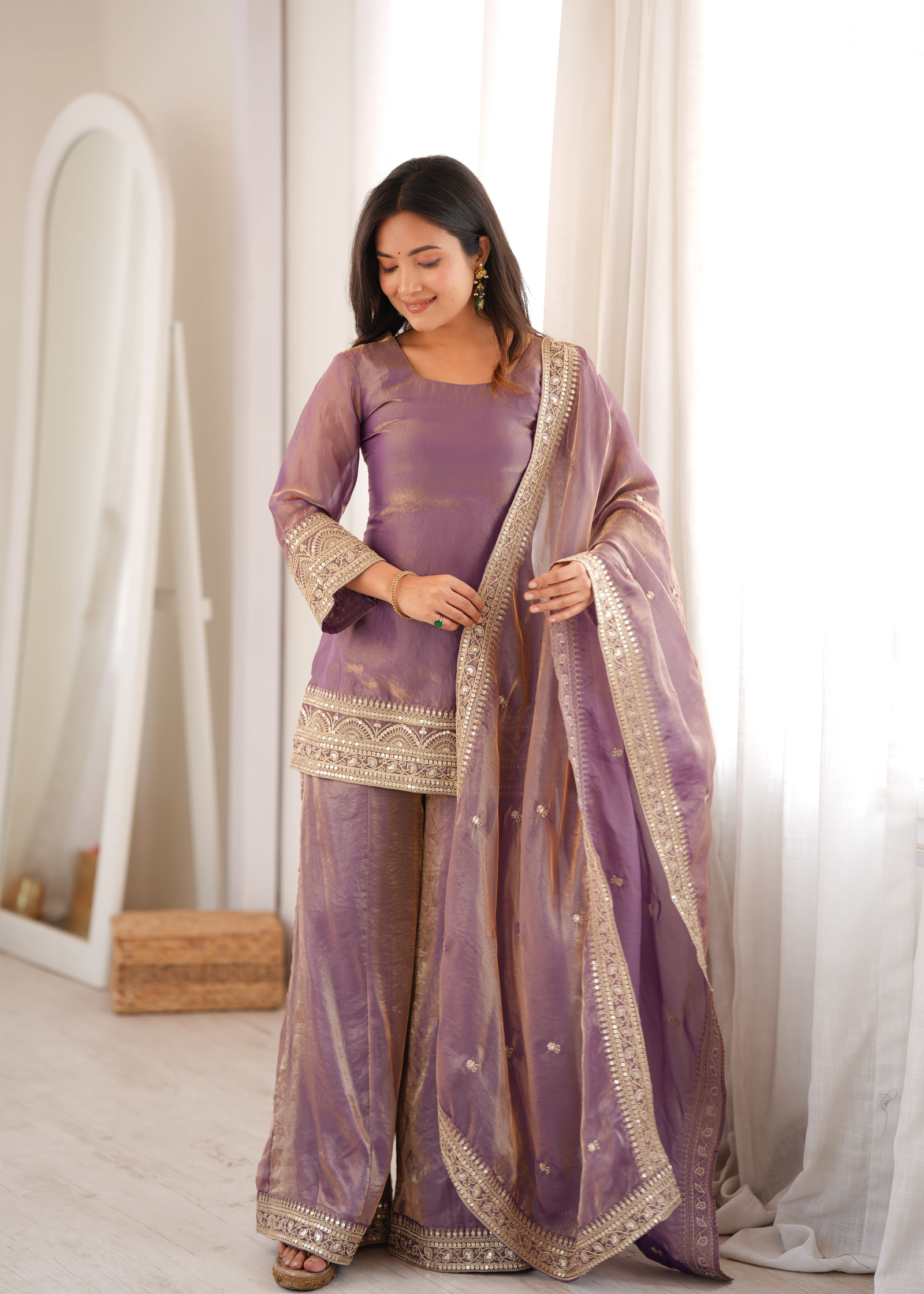 Lavender Pink Full Sleeve Round Neck Suit with Palazzo and Dupatta – KU241