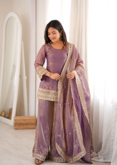 Lavender Pink Full Sleeve Round Neck Suit with Palazzo and Dupatta – KU241