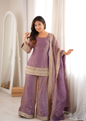 Lavender Pink Sequins Embroidered Suit with Palazzo and Dupatta – KU241