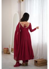 Dark Maroon Handwork Suit – Back View with Deep Dori Back | Kalyanja