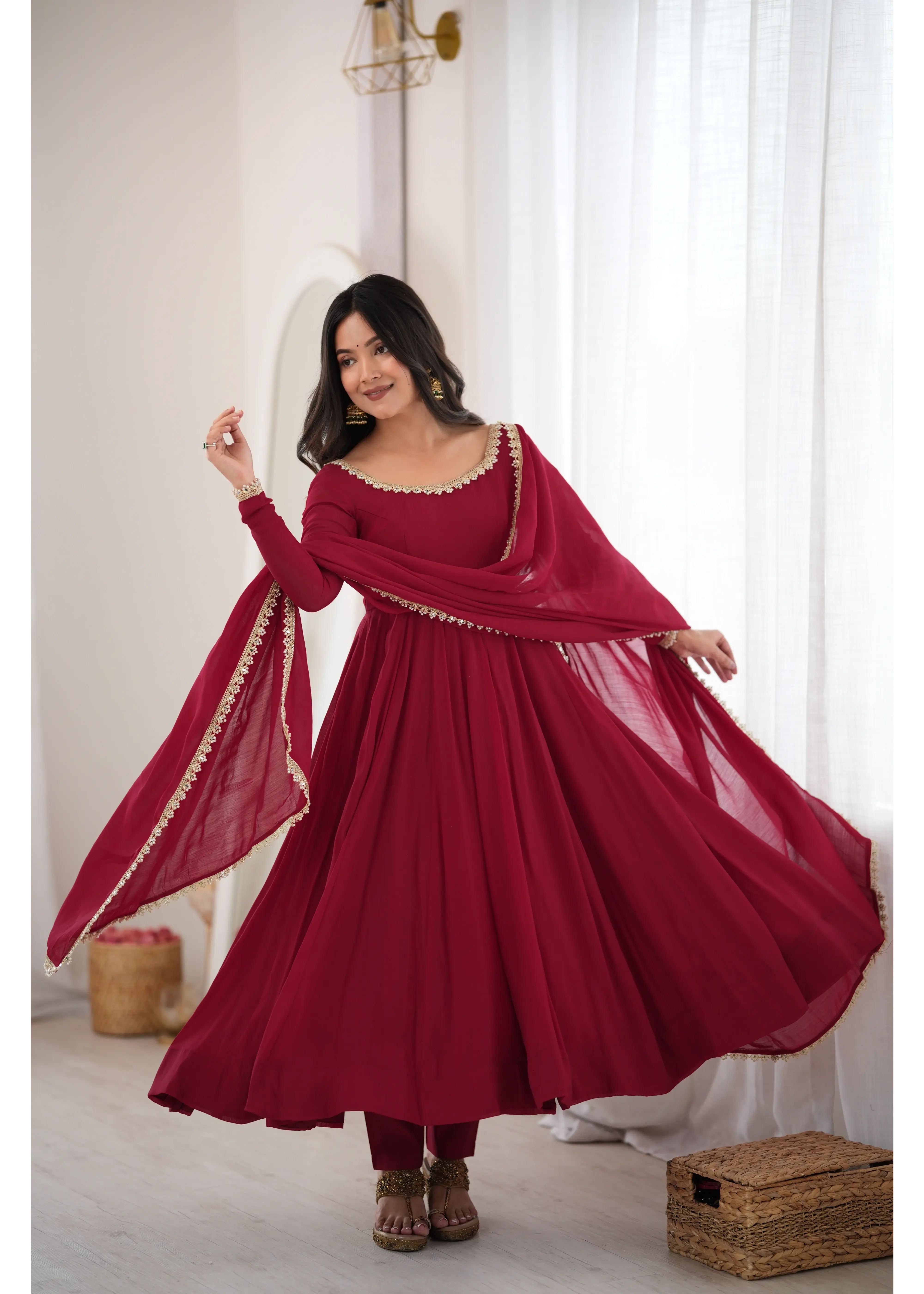 Dark Maroon Anarkali Suit with Dupatta Spread – KU242 | Kalyanja