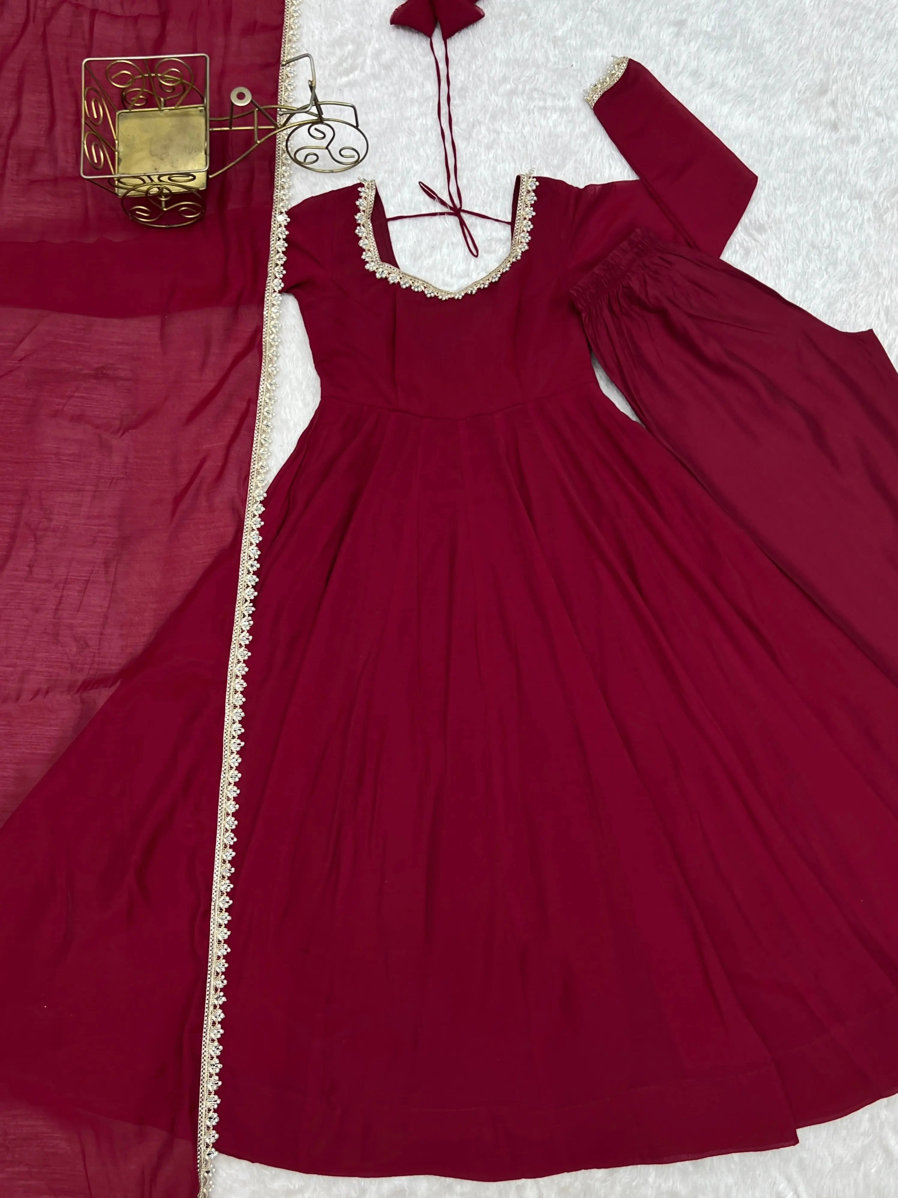 Dark Maroon Mul Chanderi Anarkali Suit – Flat Lay Full Set | KU242 | Kalyanja
