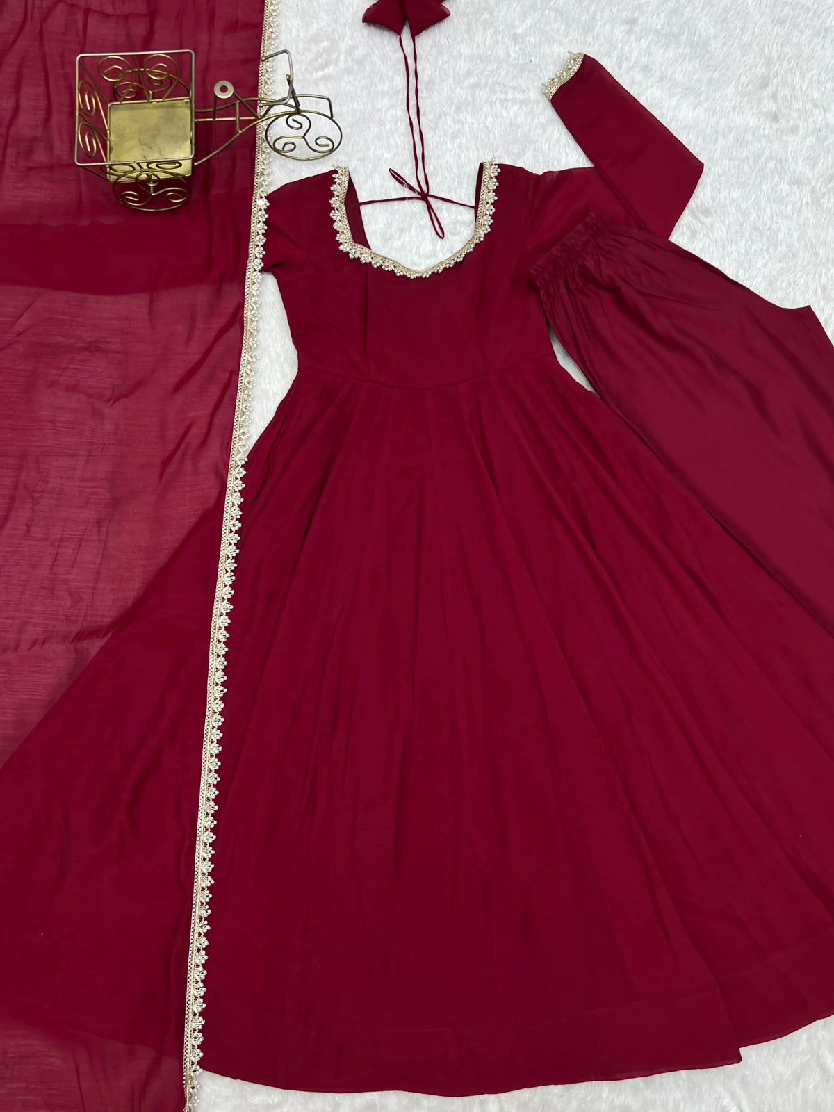 Dark Maroon Mul Chanderi Anarkali Suit – Flat Lay Full Set | KU242 | Kalyanja