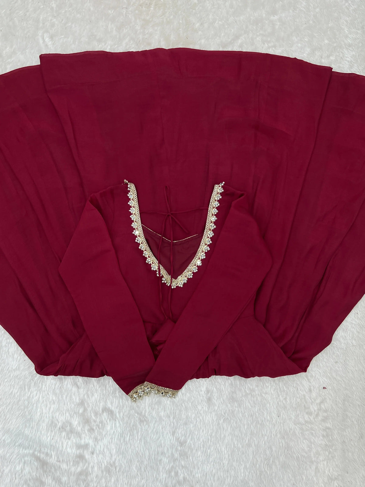 Dark Maroon Handwork Suit – Flat Lay Back Neckline Detail | Kalyanja