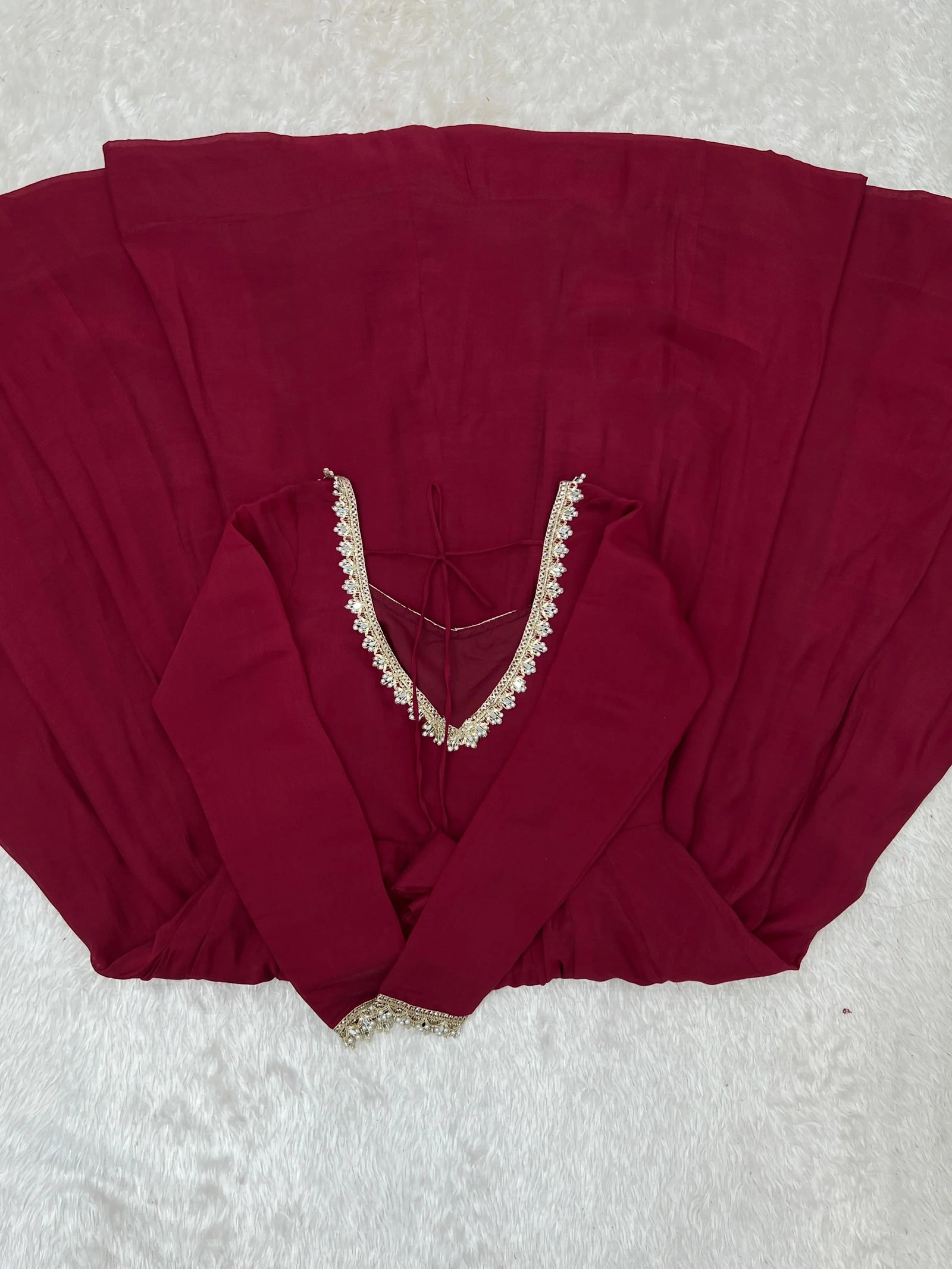 Dark Maroon Handwork Suit – Flat Lay Back Neckline Detail | Kalyanja