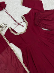 Dark Maroon Anarkali Suit – Flat Lay Neckline and Lace Work Detail | Kalyanja