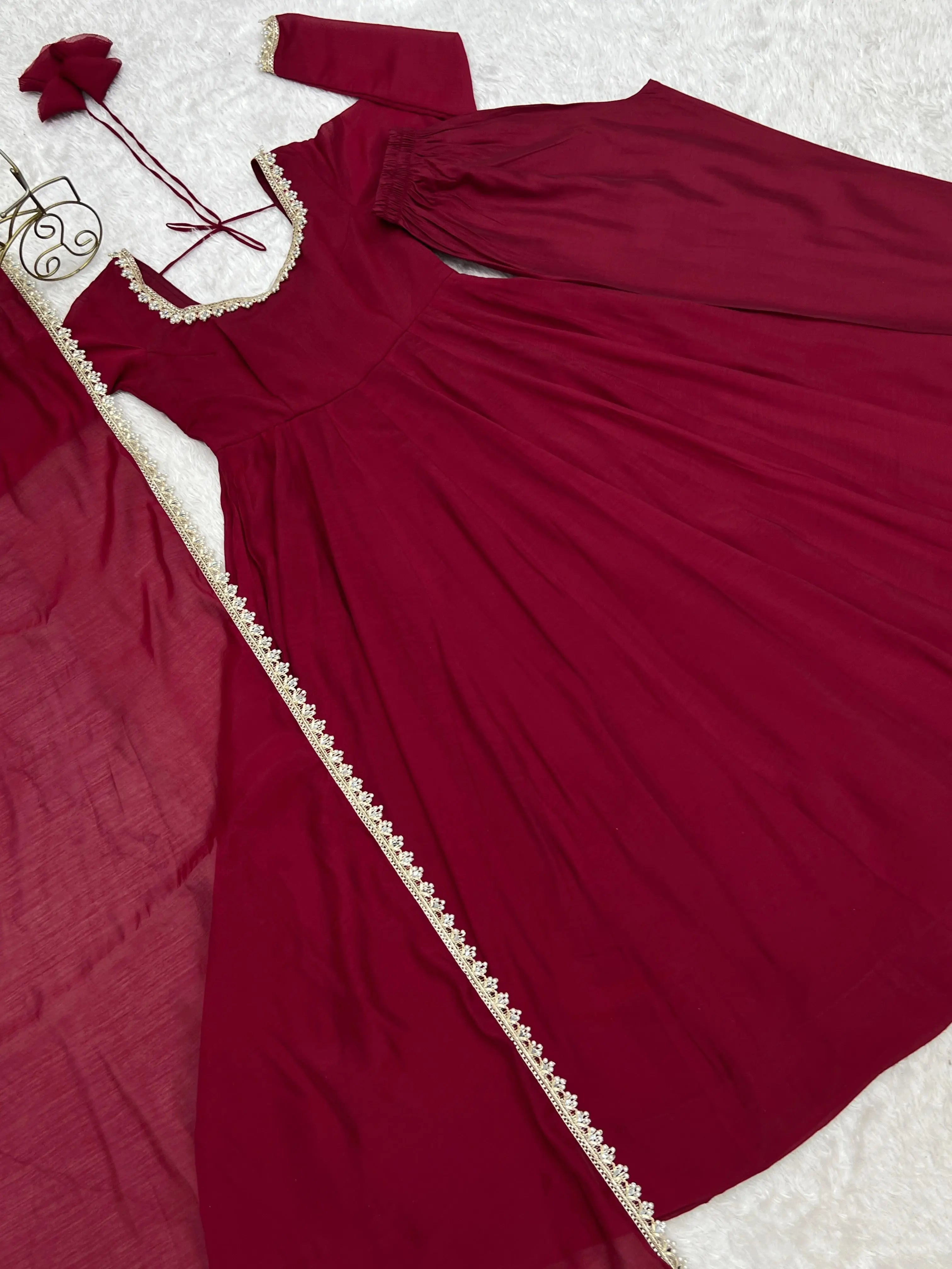 Dark Maroon Handwork Suit with Dupatta – Flat Lay Front View | Kalyanja