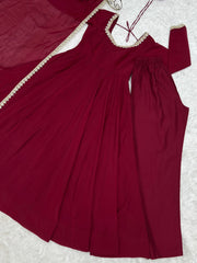 Dark Maroon Handwork Anarkali Suit with Pant and Dupatta – Full Set Flat Lay | Kalyanja