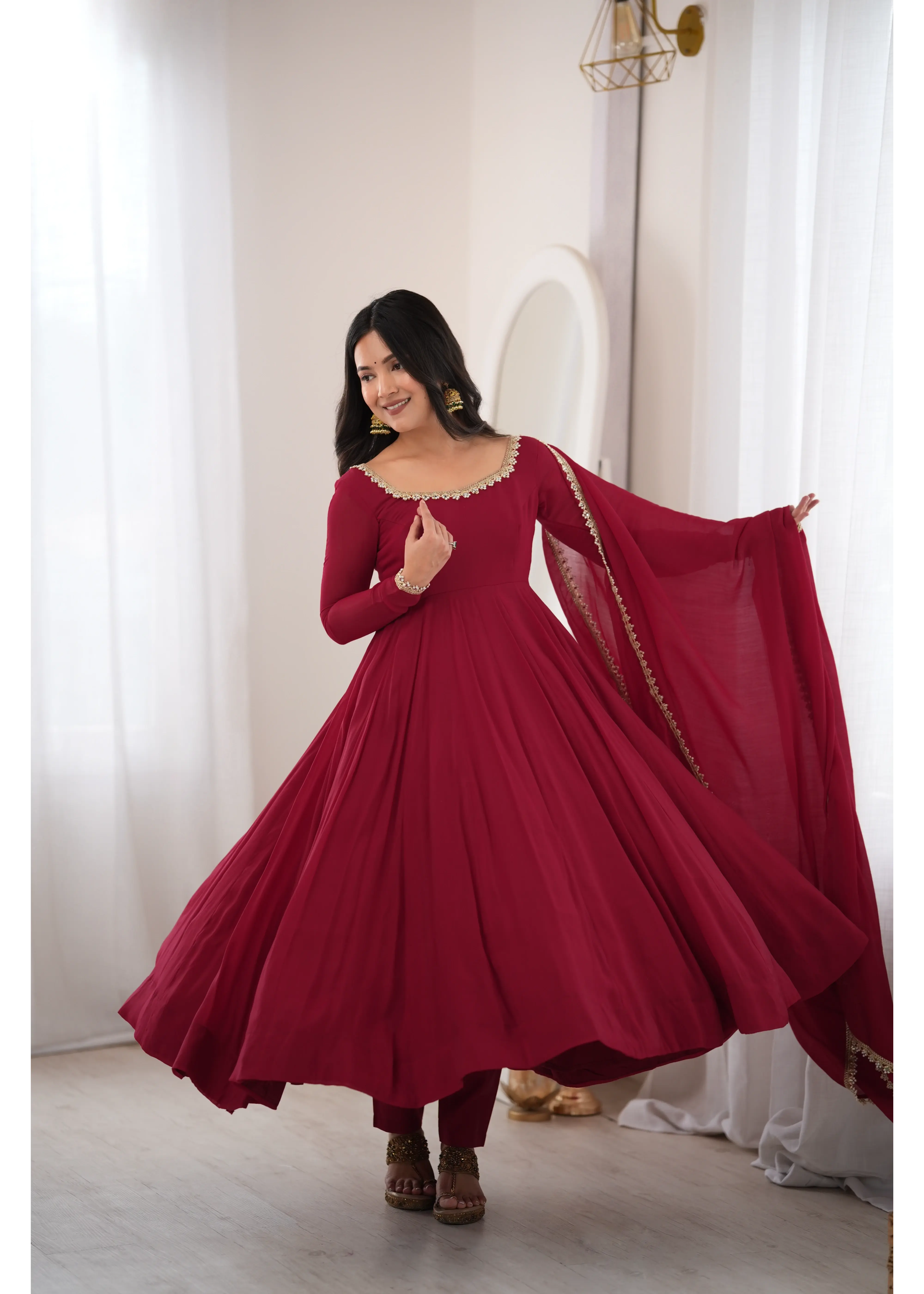 Dark Maroon Mul Chanderi Anarkali Suit – Front View | Kalyanja