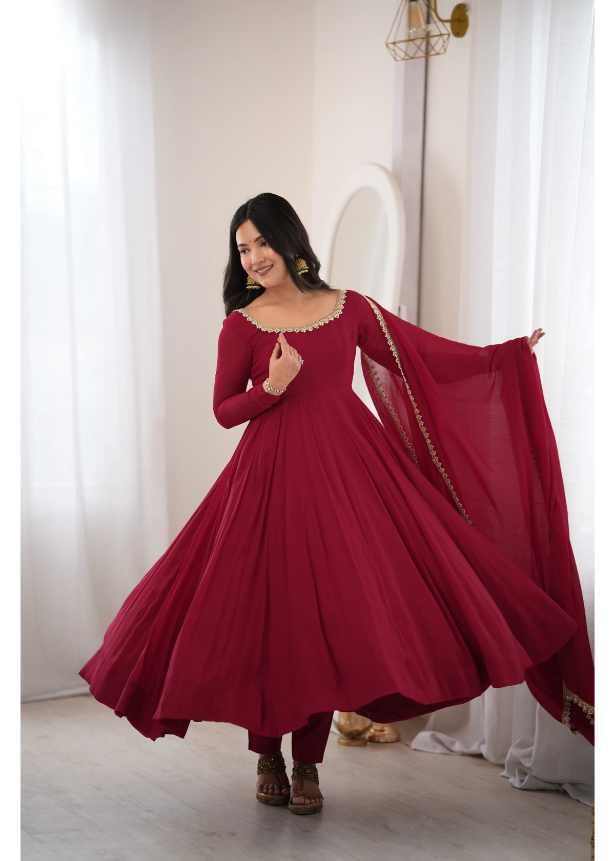 Dark Maroon Mul Chanderi Anarkali Suit – Front View | Kalyanja