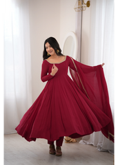 Dark Maroon Mul Chanderi Anarkali Suit – Front View | Kalyanja