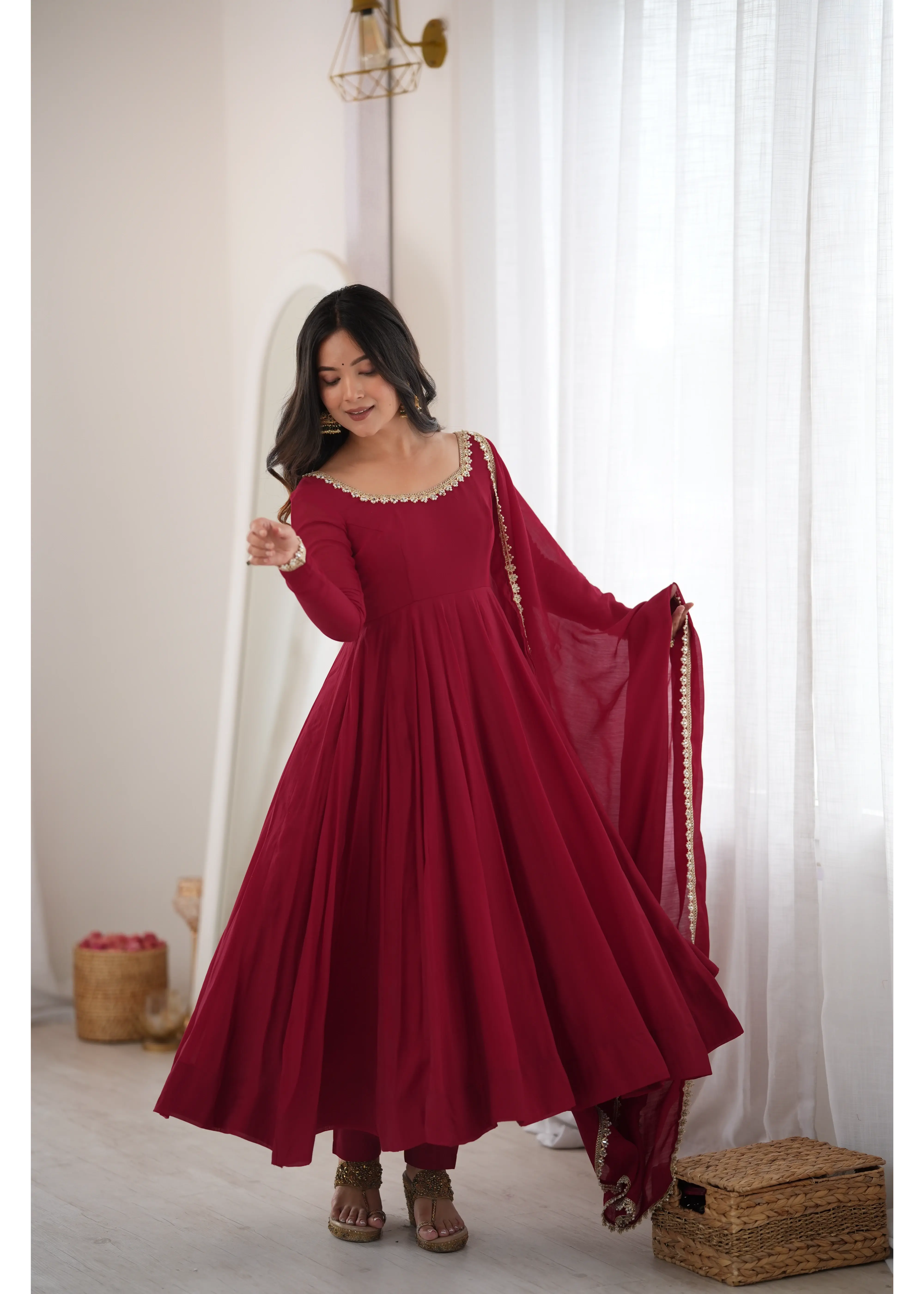 Dark Maroon Full Sleeve Handwork Anarkali Suit – Front View | Kalyanja