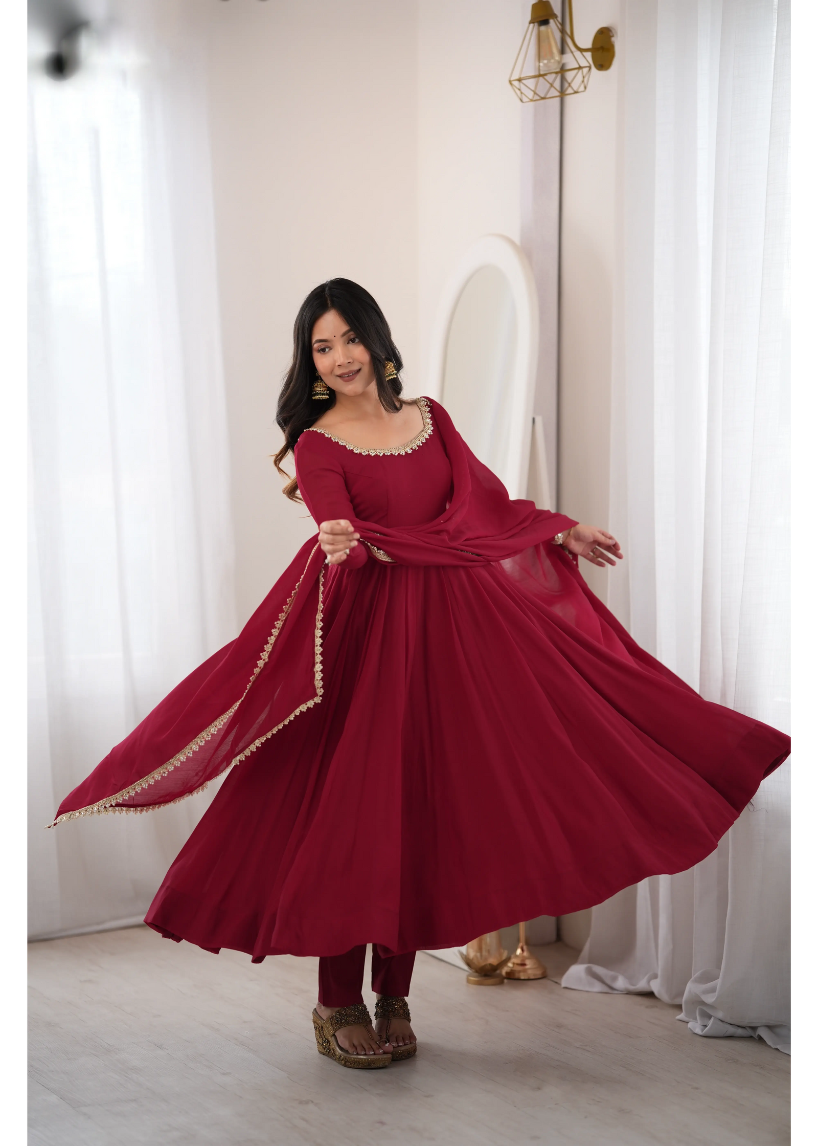 Dark Maroon Handwork Anarkali Suit with Pant and Dupatta – KU242 | Kalyanja