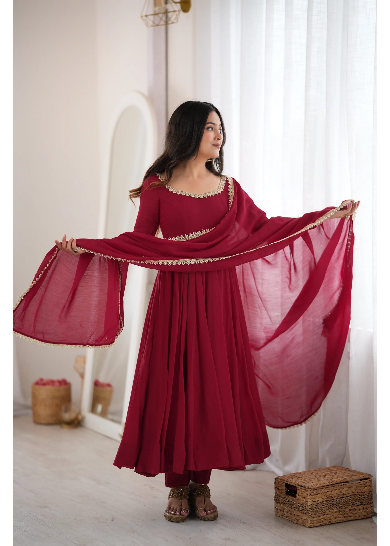 Dark Maroon Handwork Anarkali Suit – Dupatta Detail | Kalyanja