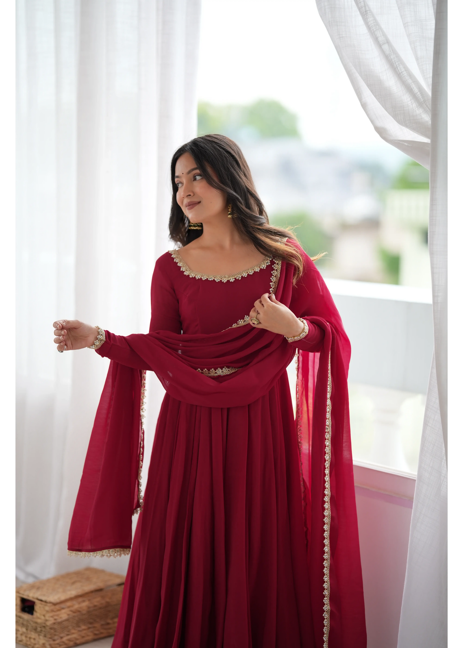 Dark Maroon Handwork Suit – Outdoor Model Shot | KU242 | Kalyanja