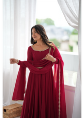 Dark Maroon Handwork Suit – Outdoor Model Shot | KU242 | Kalyanja