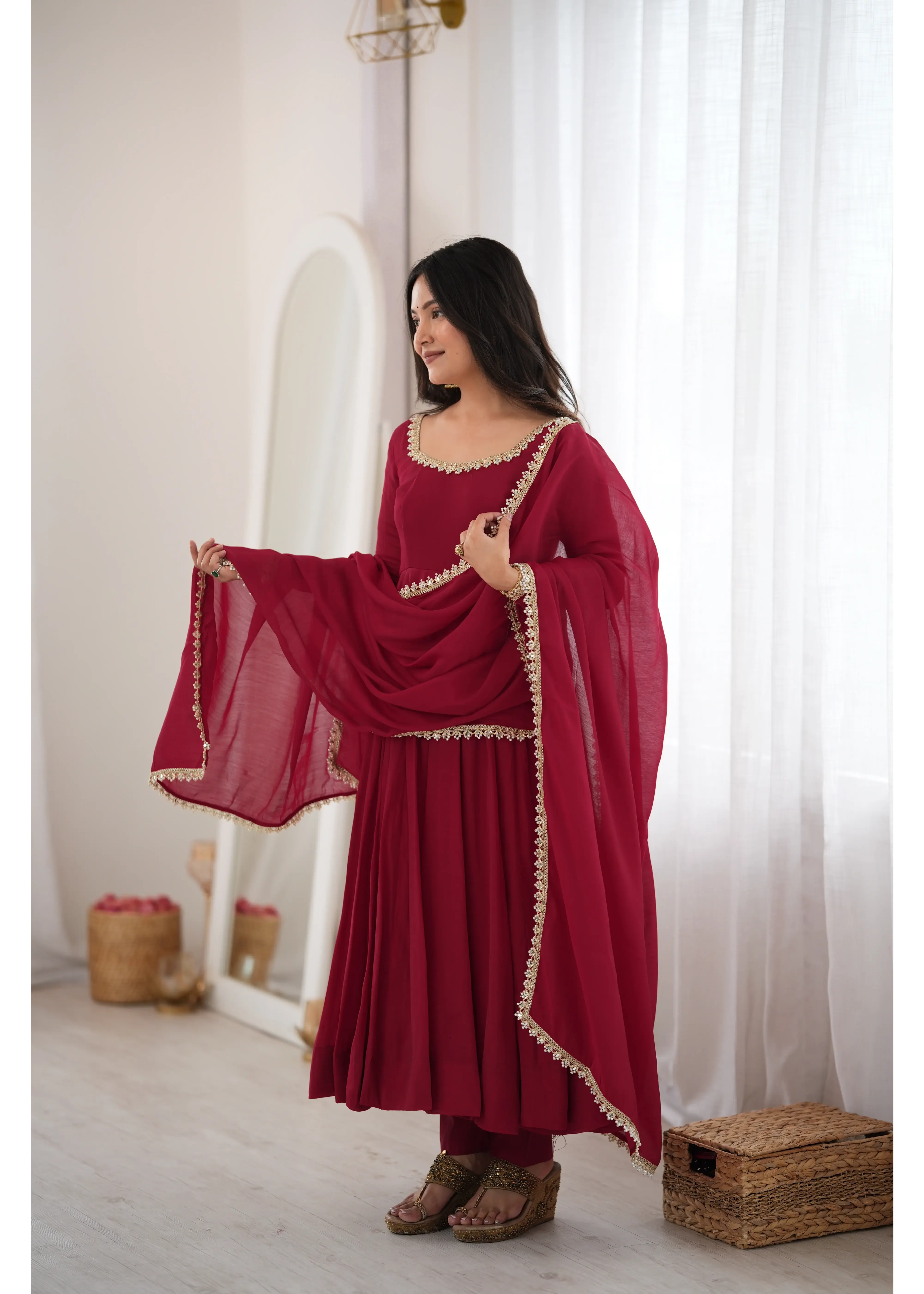 Dark Maroon Mul Chanderi Anarkali Suit with Mirror Lace Work – KU242 | Kalyanja